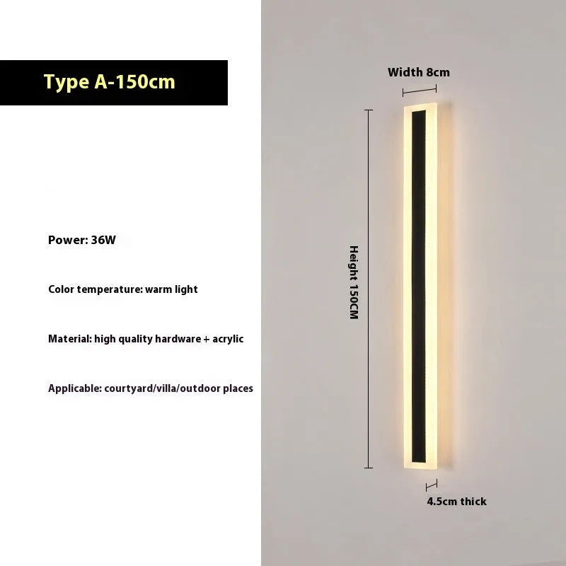 Straight outdoor LED wall lamp with IP65 waterproof rating installed on exterior brick wall