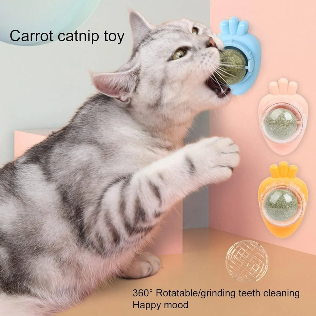 Blue carrot-shaped catnip ball toy with self-adhesive sticker for wall mounting and teeth cleaning