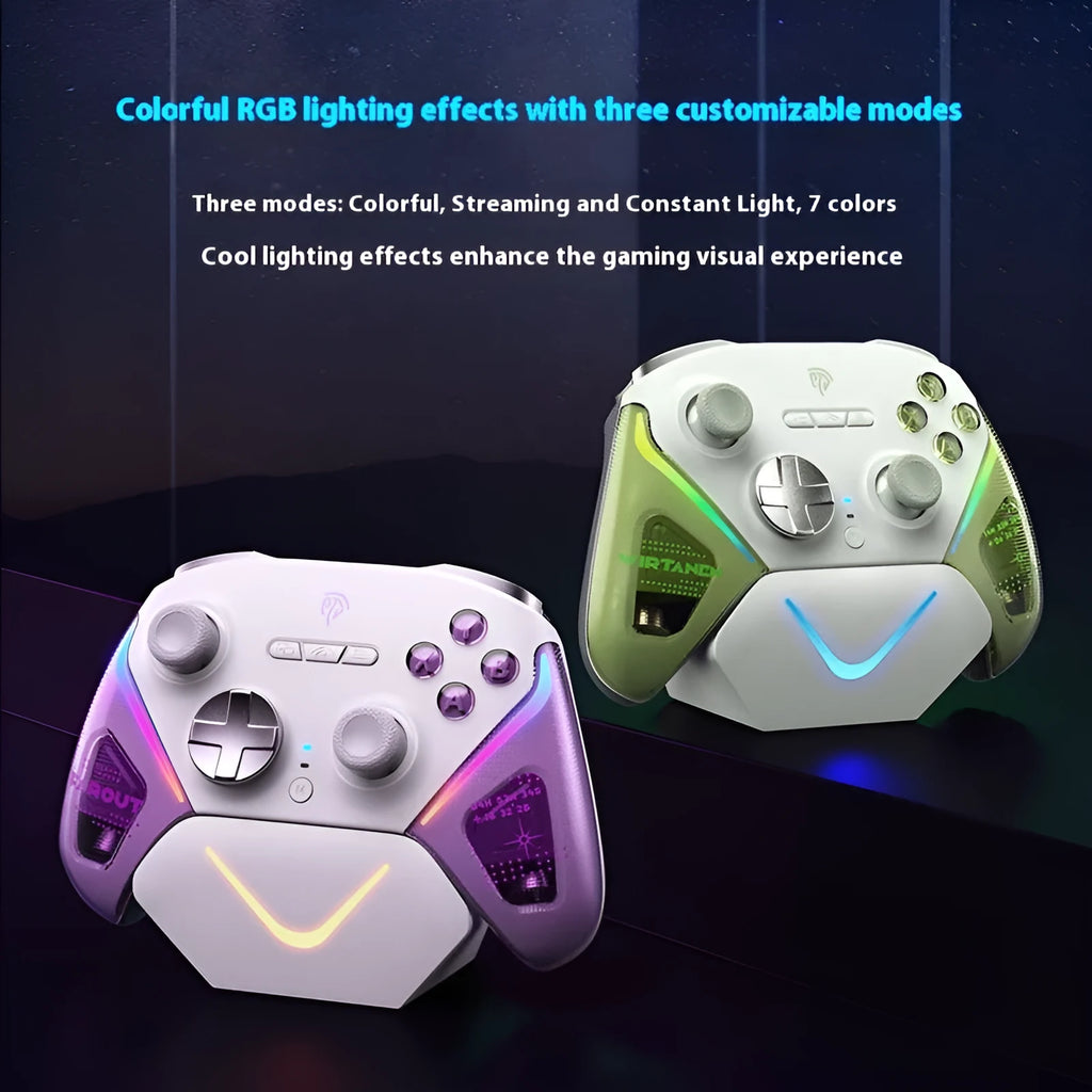 Xbox Elite Series 2 controller on charging base with adjustable trigger mechanism in black, green, or purple
