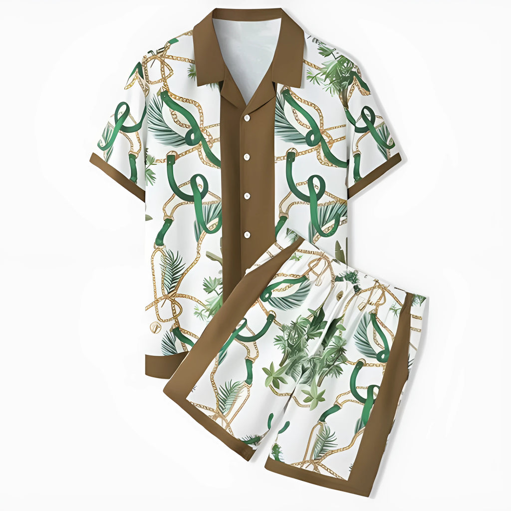 Plaid pattern beach outfit set with short sleeve shirt and matching shorts on mannequin