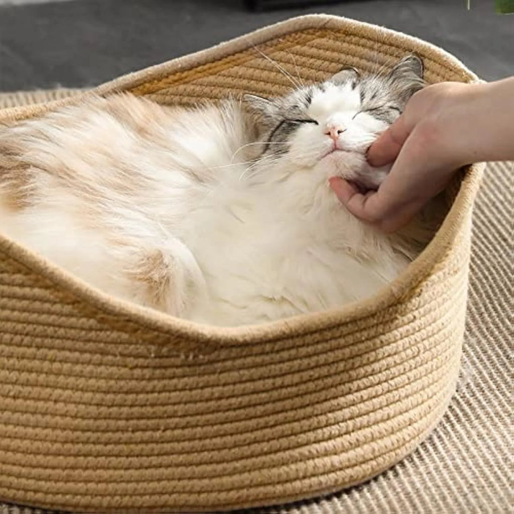 Wicker-style cat bed basket with corrugated scratching surface in two size options