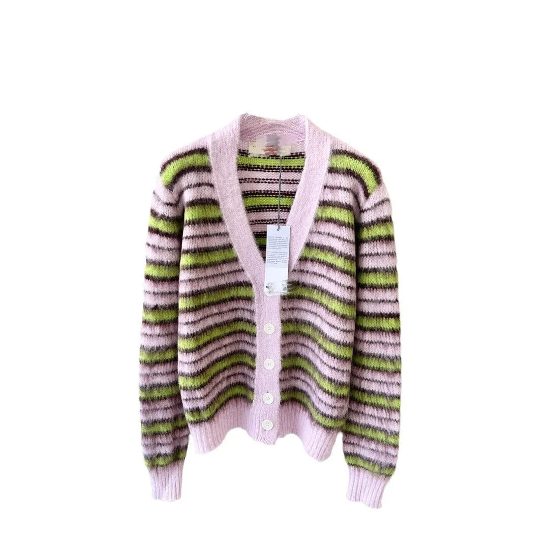 Pink women's wool knitted cardigan and pullover sweater with contrast colour detail on hanger