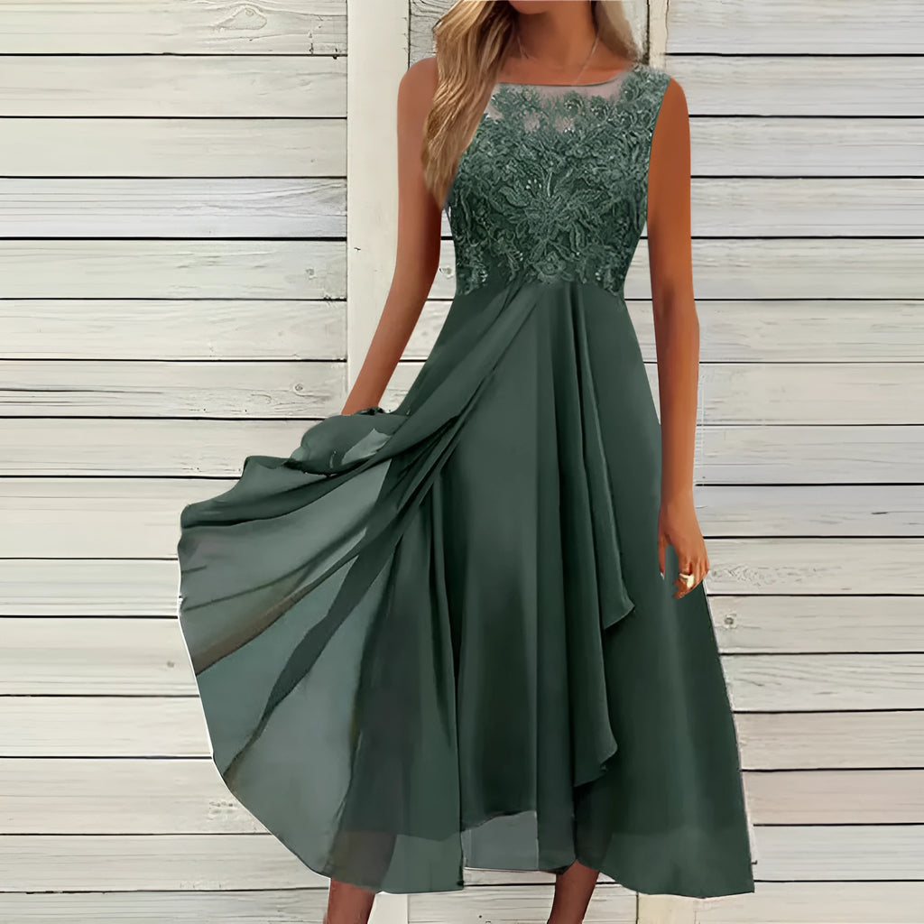 Women's sleeveless chiffon dress with lace stitching in blue, green, or purple.