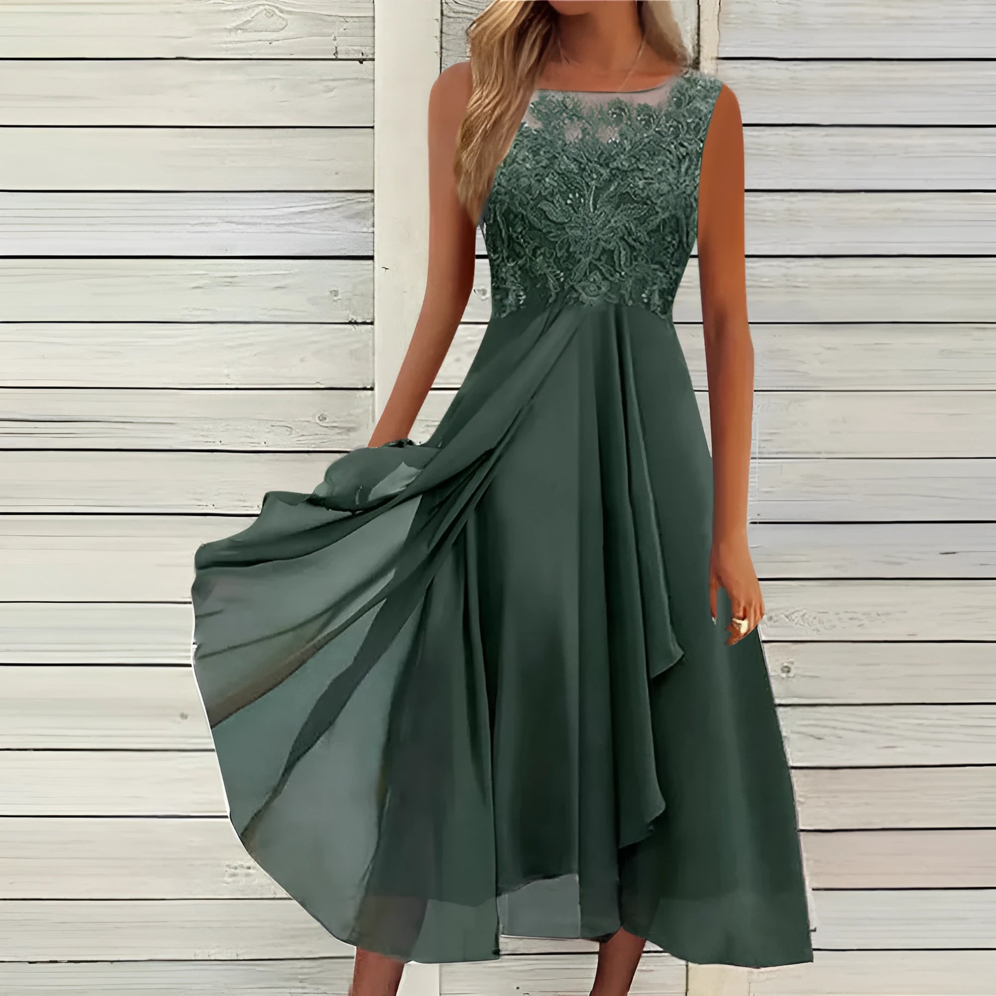 Women's sleeveless chiffon dress with lace stitching in blue, green, or purple.
