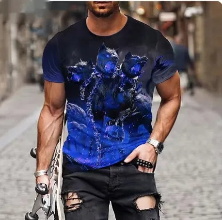 Men's black t-shirt with a large, textured 3D lion print on the front.