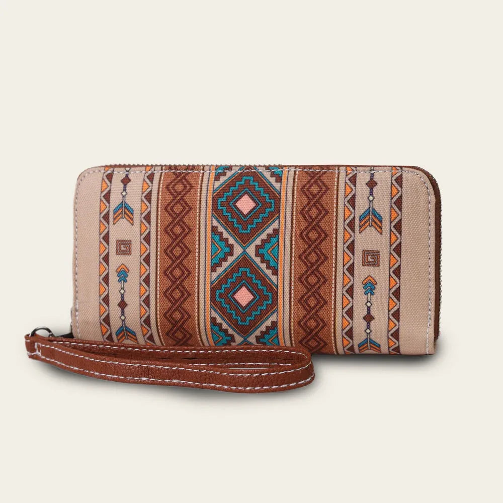Bohemian striped canvas RFID-blocking wallet showing wind belt design in beige colour