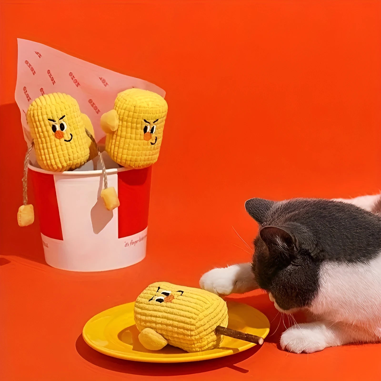Natural corn cob cat toy with catnip filling for dental cleaning, measuring 7x6x15cm