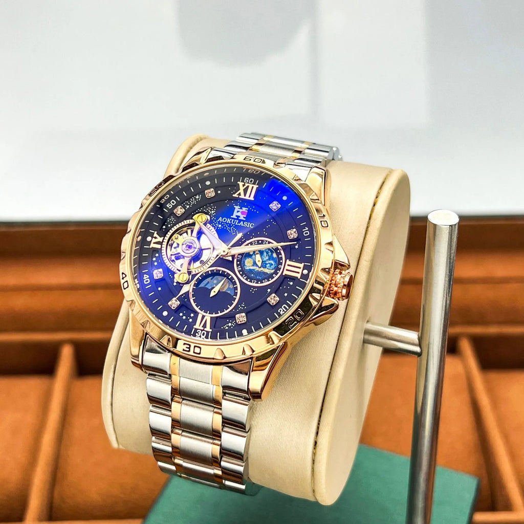 Rose gold automatic mechanical men's watch with black dial and large 44mm case.
