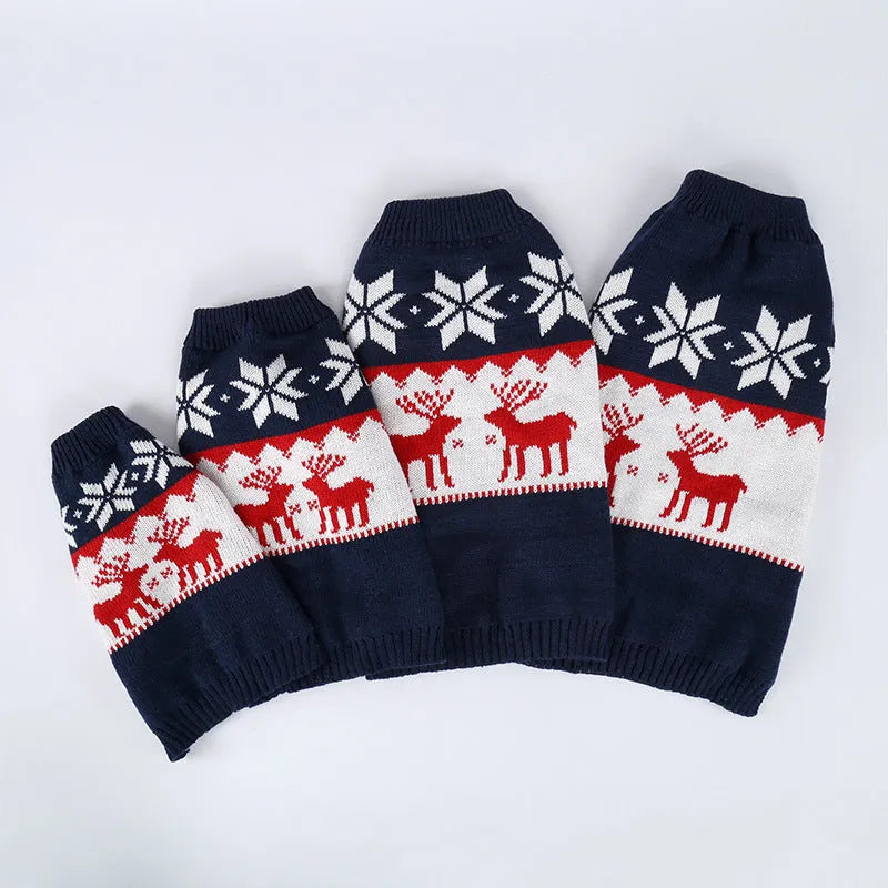 Navy blue knitted Christmas sweater for dogs showing European and American styling with four size options