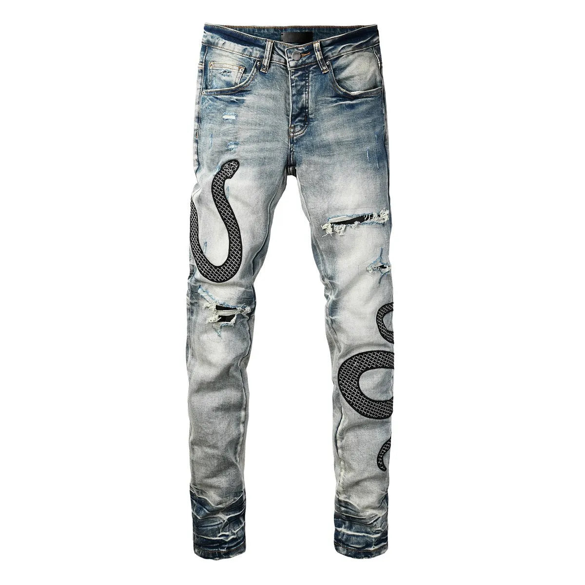 8934Blue distressed skinny jeans with button fly and mid-waist street fashion styling