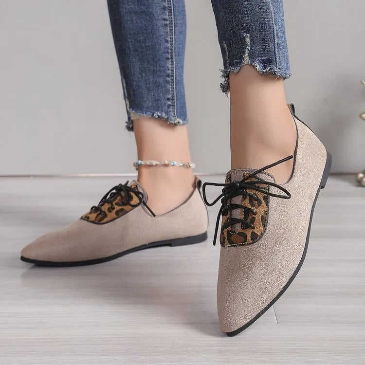Women's beige leopard print pointed toe pumps in plus sizes 36-43 with artificial PU upper and rubber sole.