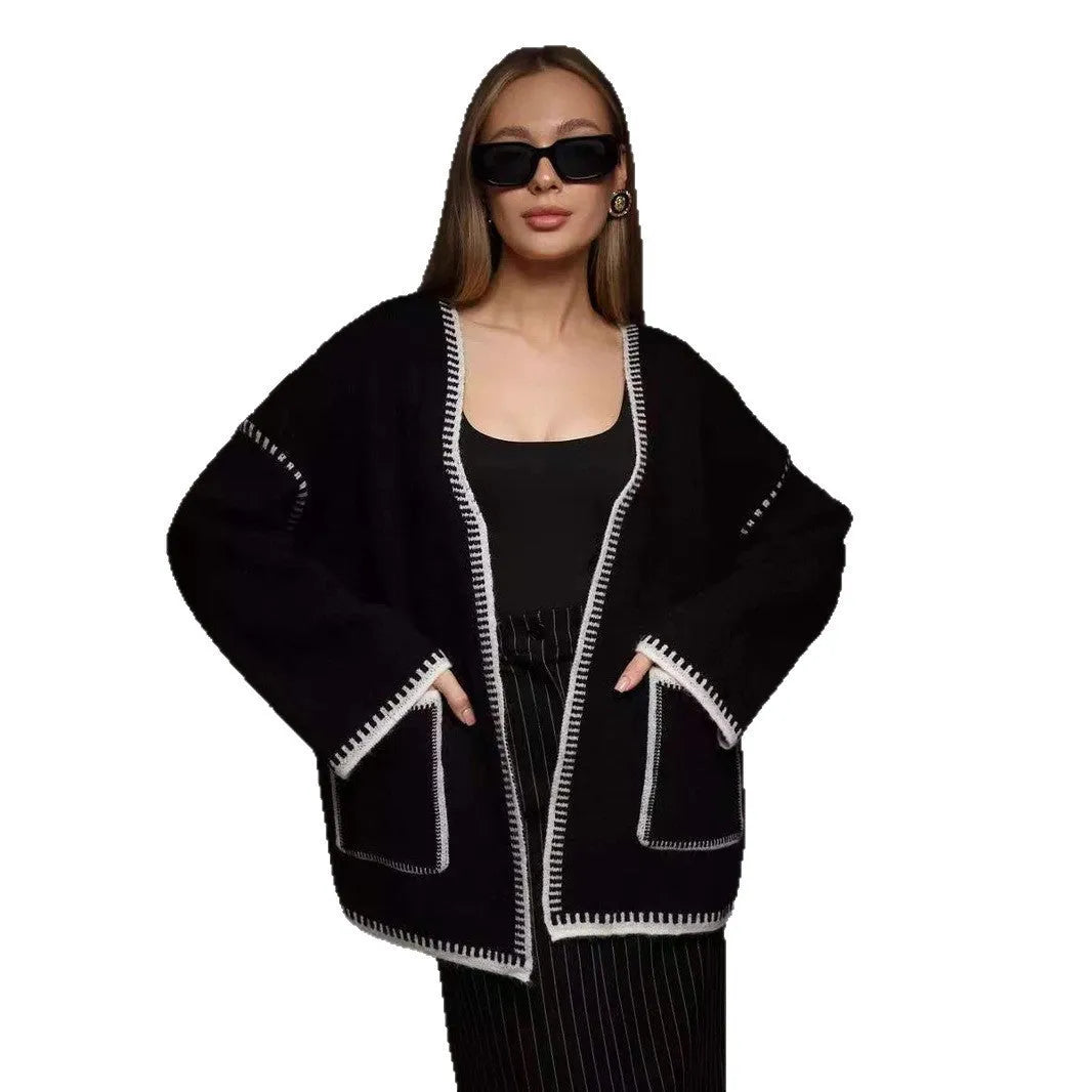 Loose fit lace-up knitted cardigan in imitation cashmere available in white, black and camel colours