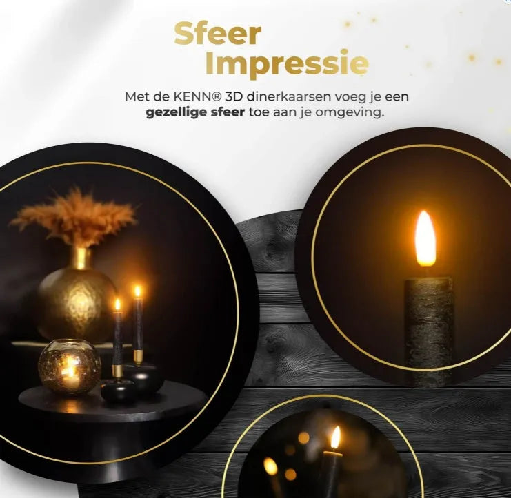 Black 18cm tall LED taper candle with realistic 3D flame effect