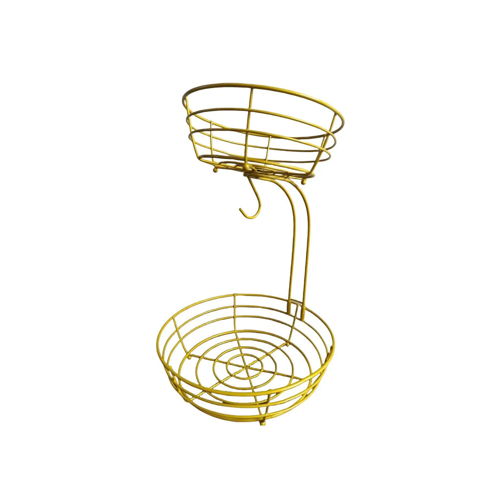 Black wrought iron double-layer fruit basket with 25cm diameter for kitchen storage