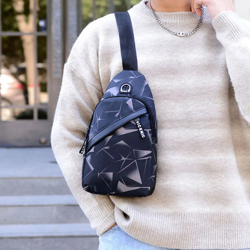 Men's blue oxford cloth sling chest bag with earphone hole and adjustable shoulder strap