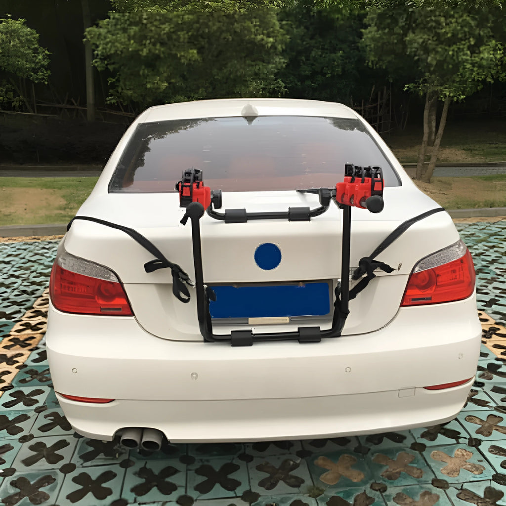Black and red trunk mounted car bike holder rack showing tie rope and pull belt style options.