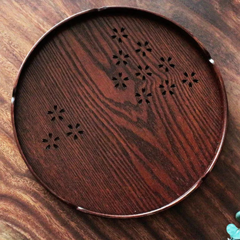 Wooden serving plate with hollow sakura pattern, 30cm diameter, shallow depth for dessert presentation
