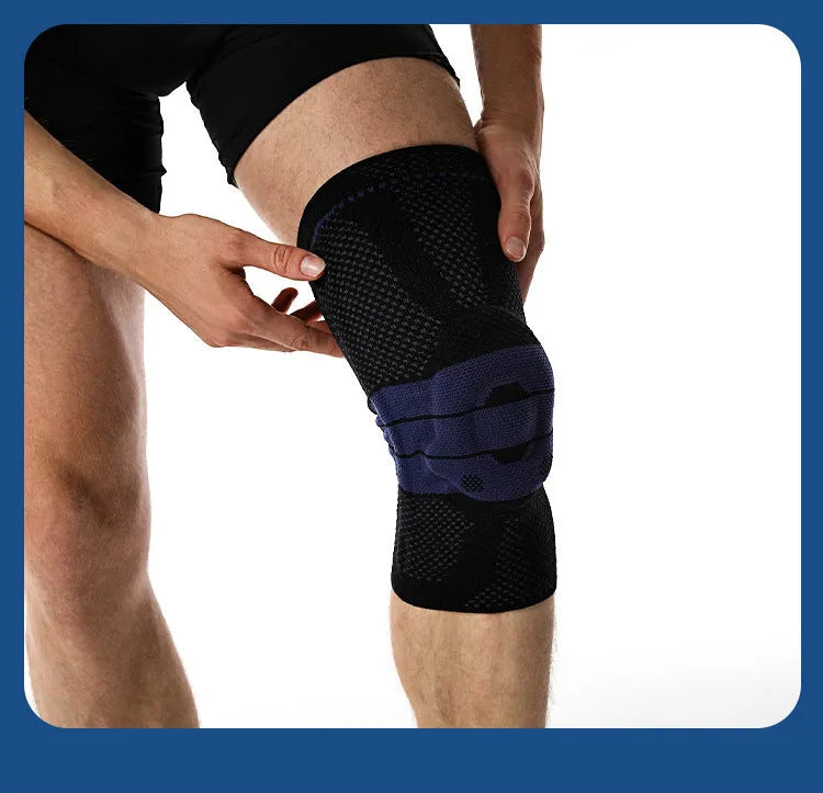 Adult sports knee pads in black and blue colour, sizes S M L XL for basketball and running protection