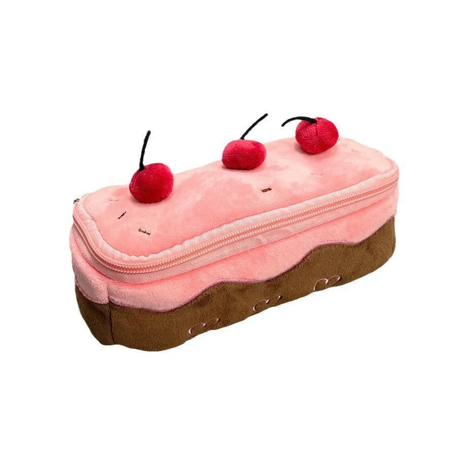 Cherry Cake coloured velvet plush pencil bag with Korean style design