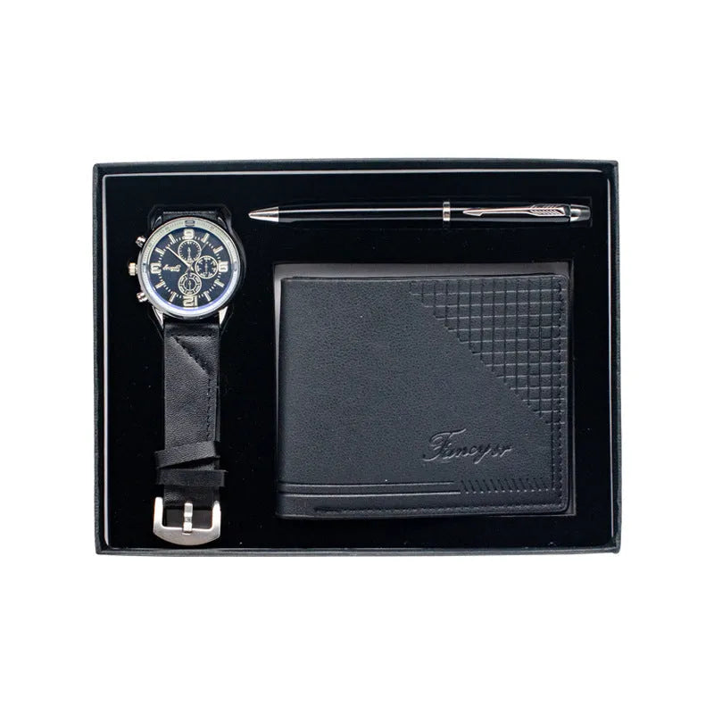 Creative holiday gift set with wallet, pen, and watch in black or brown modern simplicity styling