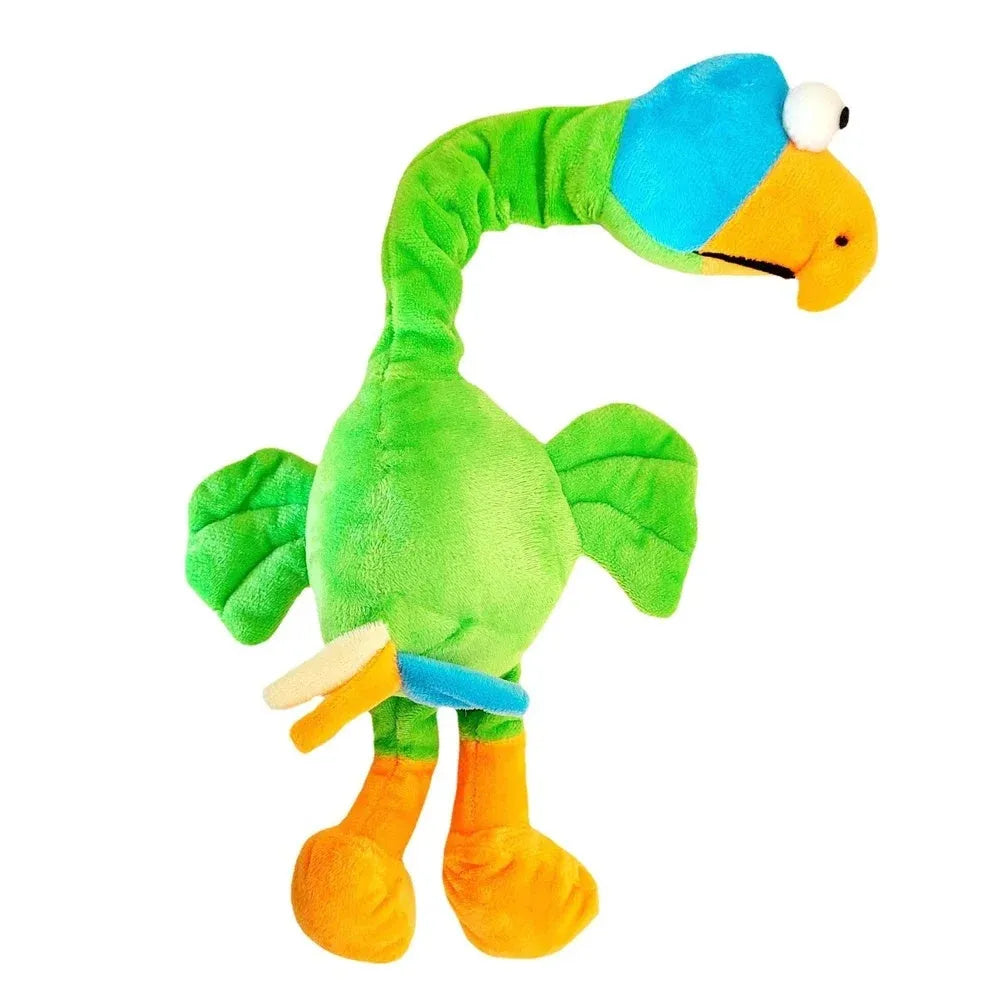 Screaming chicken sound dog chew toy in green colour, shown with bite marks, 19cm long.