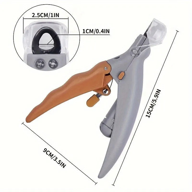 Yellow LED pet nail trimmer with magnifying glass for cats and dogs showing cutting blades and light features