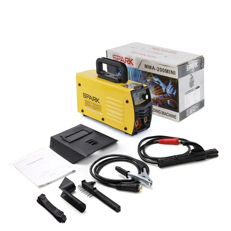 MMA-200MIN 220V inverter DC welding machine with welding tongs, grounding clamp, face shield, and brush hanger