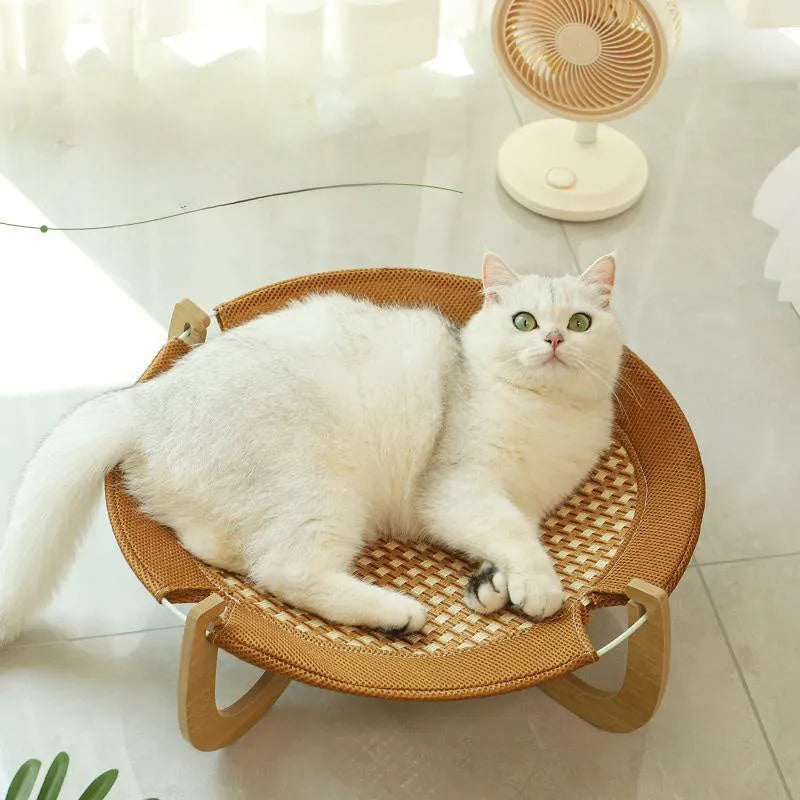 Brown woven rattan pet hammock measuring 46x46x17.5cm for cats and small dogs