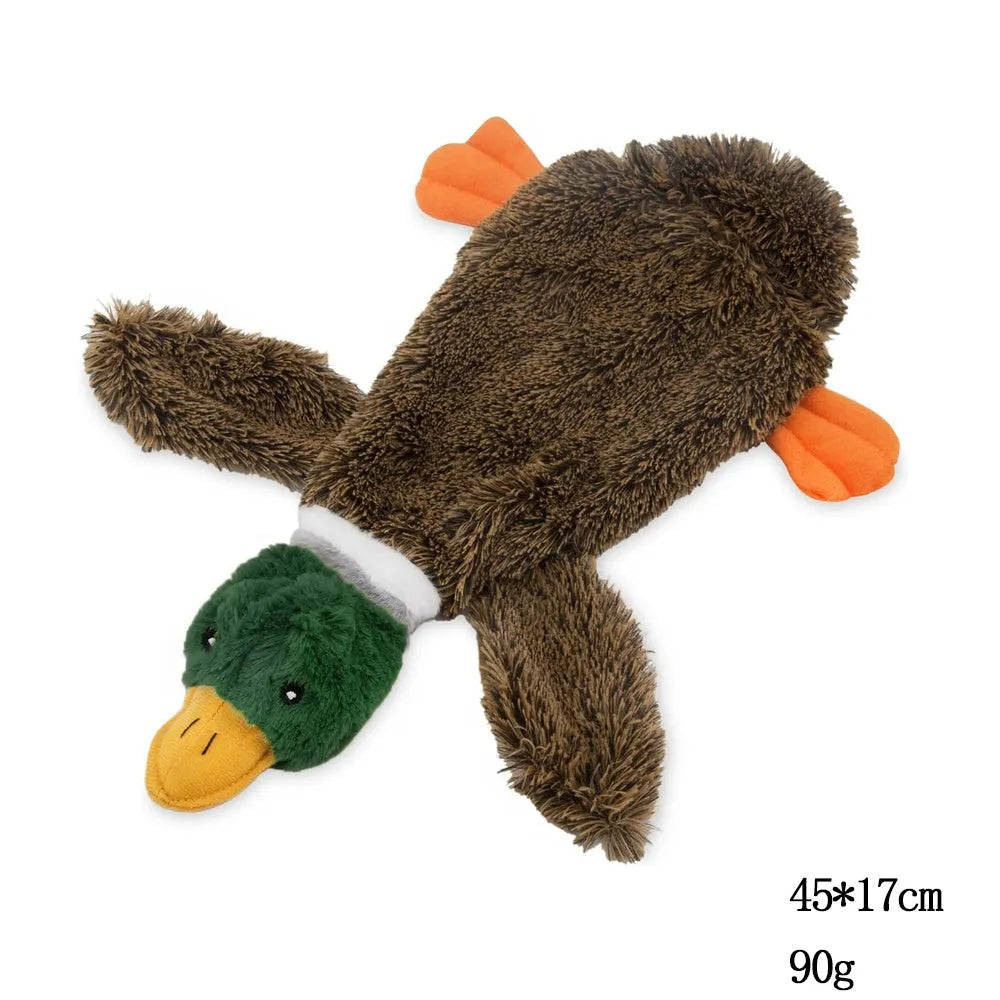 Green Wild Duck stuffless dog toy with squeakers showing bottle insertion cavity at bottom