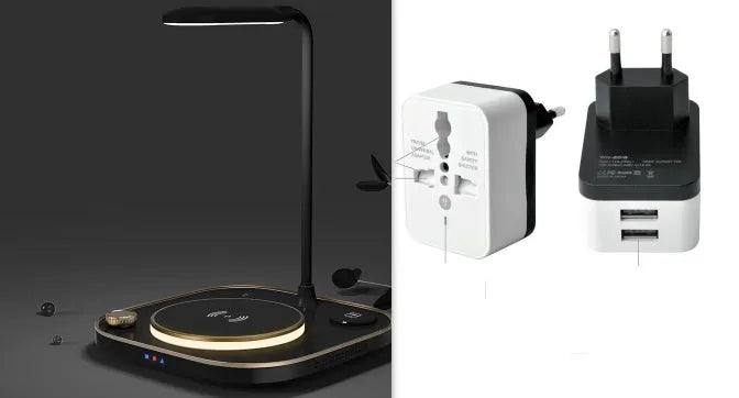 Black three-in-one wireless magnetic charger and desk lamp with 15W fast charging and Type-C cable.