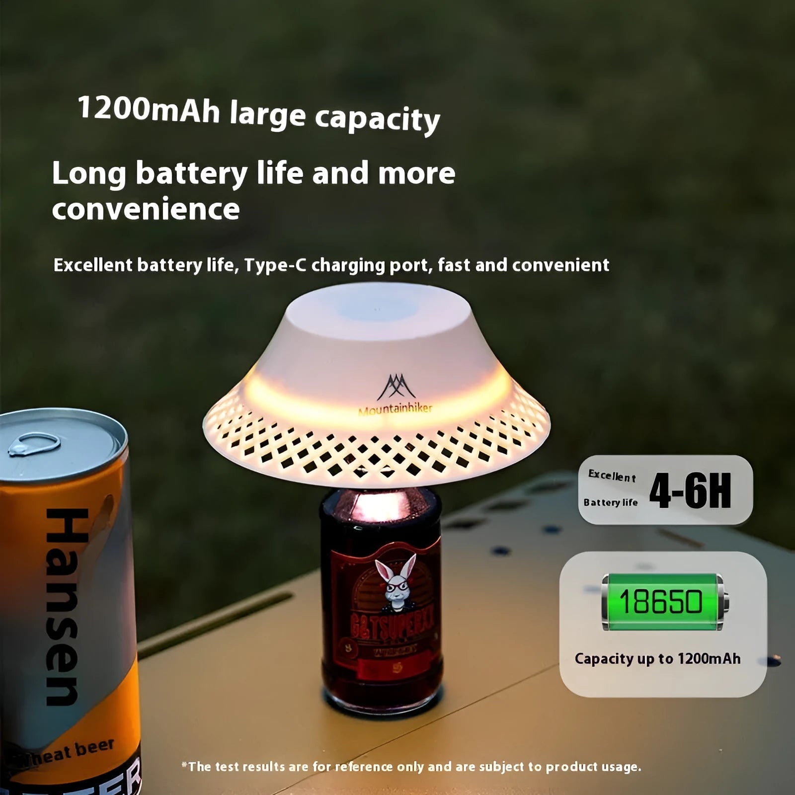 Beige wine bottle shaped camping lantern with USB-C port and control gear on top.