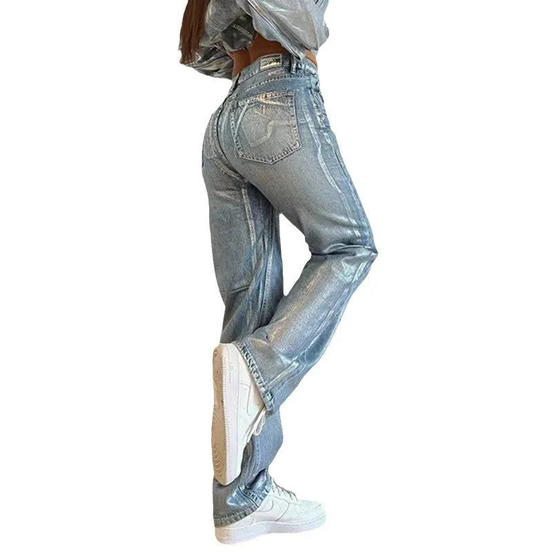 Blue high waist straight leg jeans with silver contrast stitching detail
