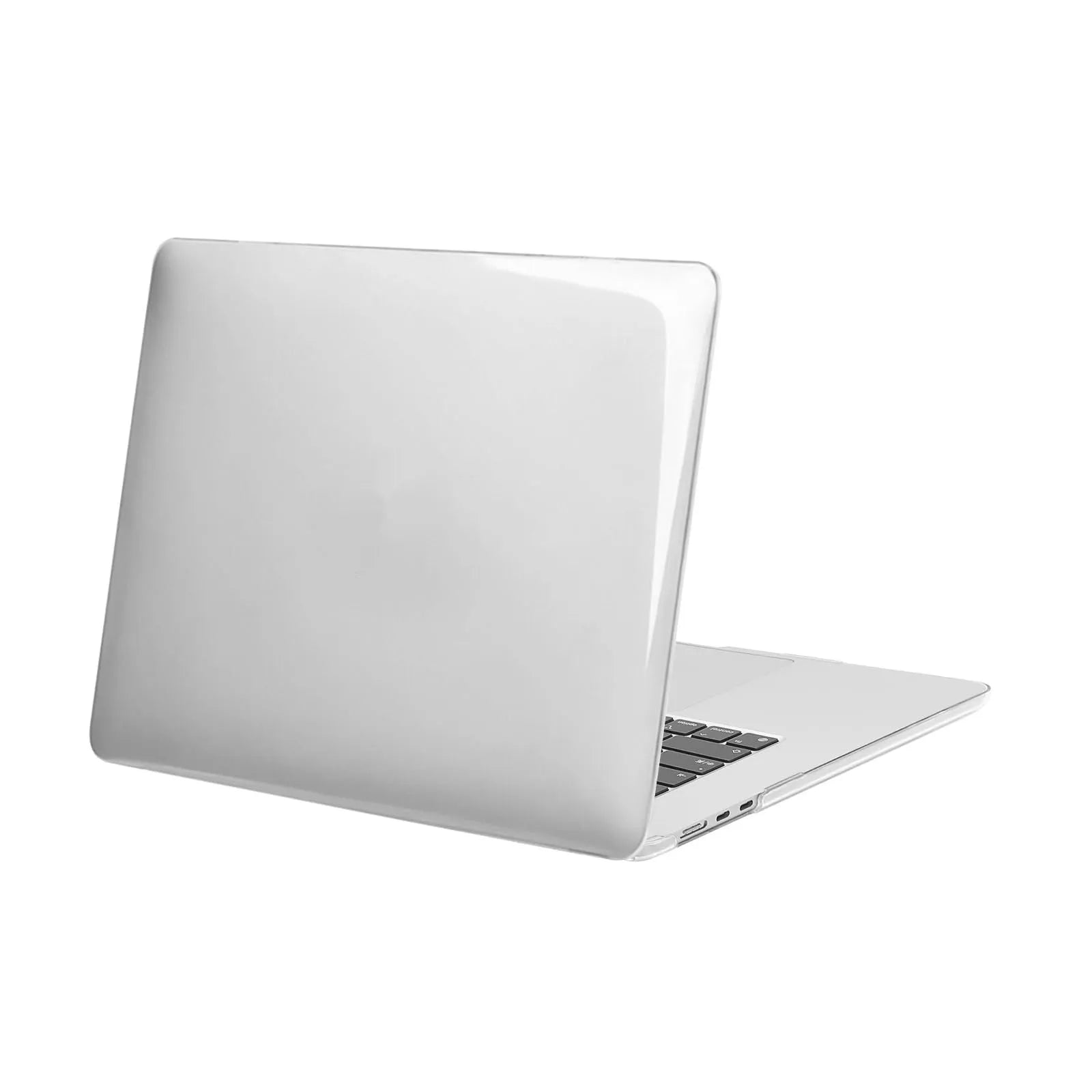 Clear plastic hard protective shell case for a MacBook Pro laptop on a table