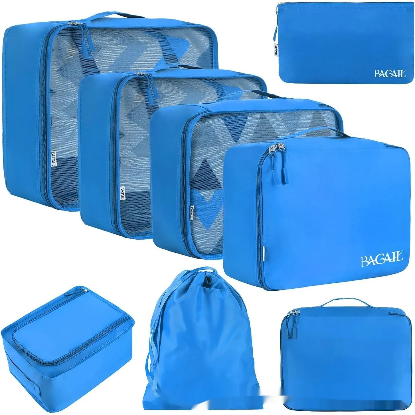 Eight cubic PP travel packing bags in various colours including beige, black, pink, cream, green, navy, and patterned options
