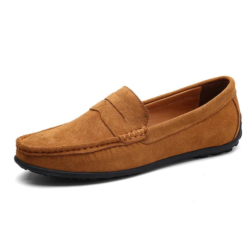 Men's suede leather casual loafers in brown colour with flat rubber sole and decorative stitching