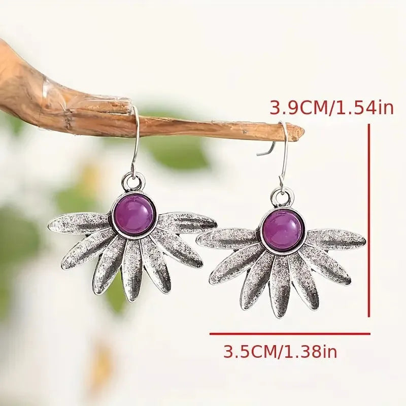 Purple resin gemstone earrings with animal zodiac design in alloy metal, bohemian style