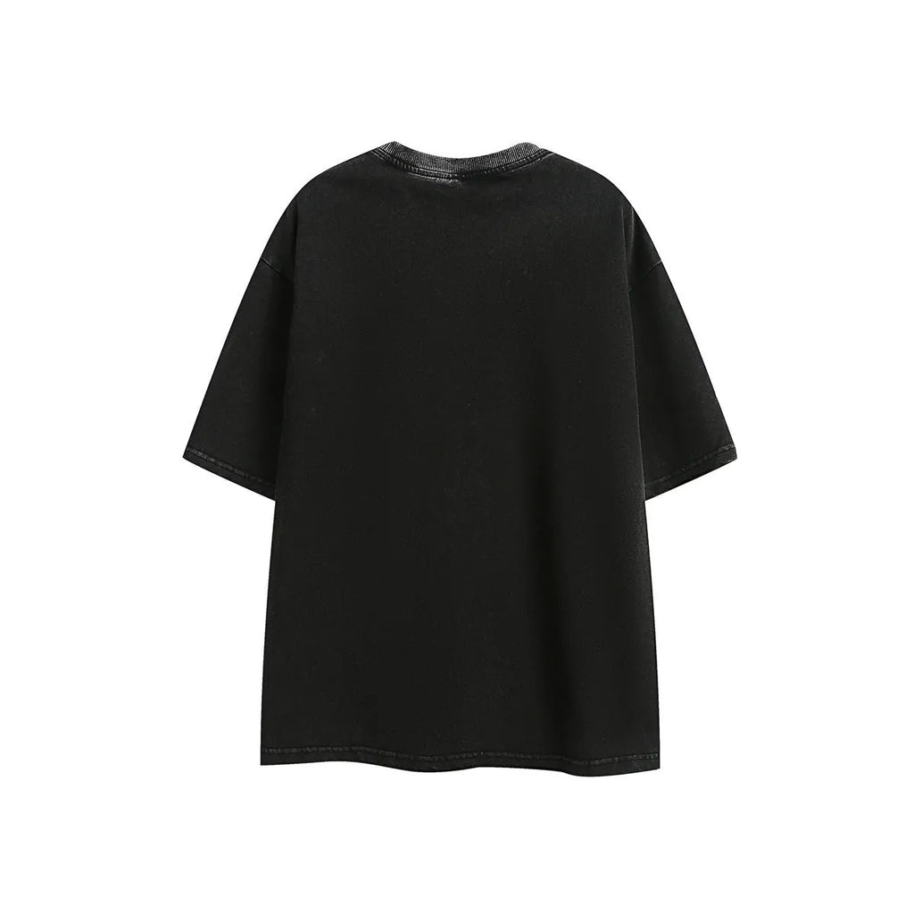 A loose-fit washed cotton short-sleeve retro T-shirt shown in purple and black colour options.