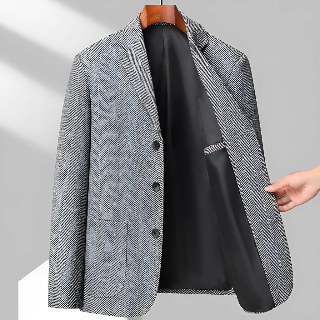 Men's solid colour woolen style coat in a loose fit, shown in black, khaki, grey, or dark blue.