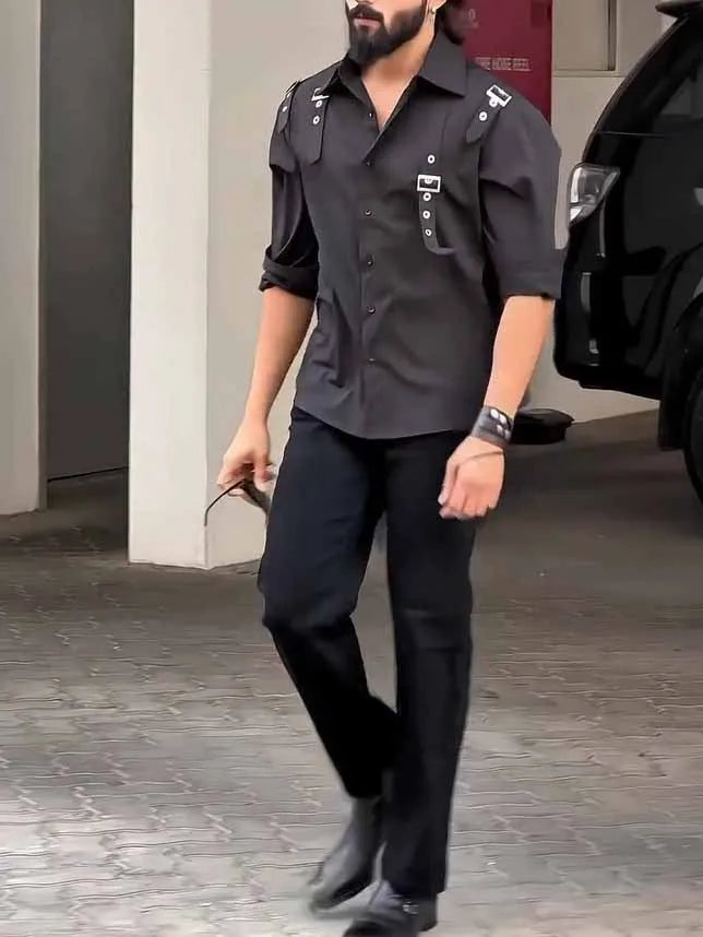 Men's black utility-style button-up shirt with regular fit on a hanger.