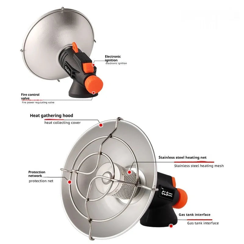 Portable outdoor heating stove with black and orange finish and automatic press ignition