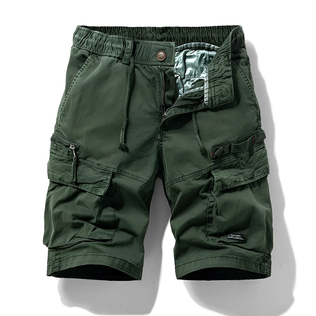 Men's army green cotton summer shorts with zipper and multiple pockets in Korean fifth pants style.
