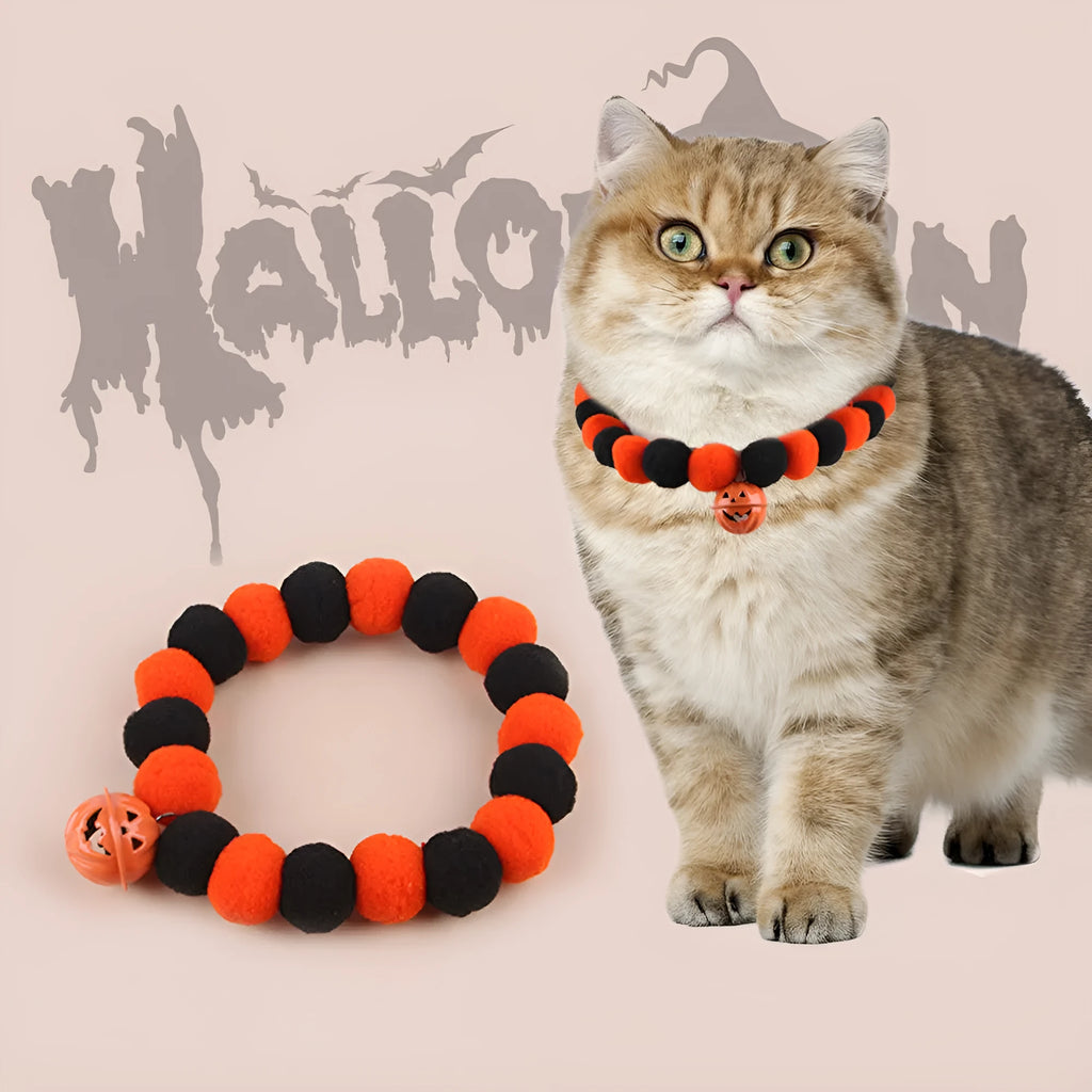 Orange and black pumpkin-themed adjustable cat collar for Halloween costumes.
