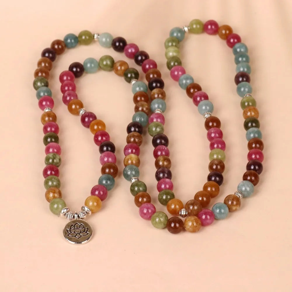 Multi-layer beaded bracelet with 108 tourmaline stones in string lotus hanging pattern on alloy framework