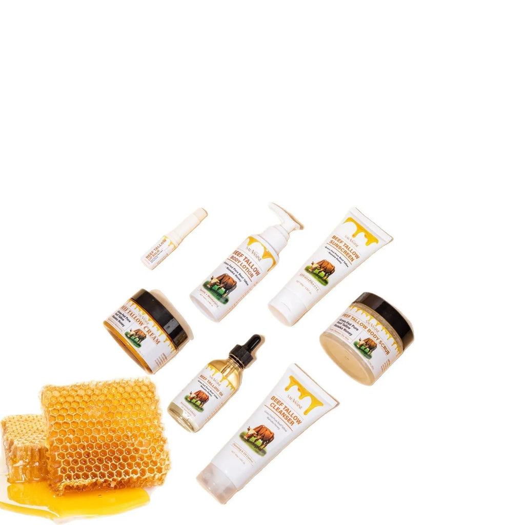 Butter Honey seven-piece facial care set with cleanser, cream, lotion, scrub, lipstick, protective cream, and beef fat product.