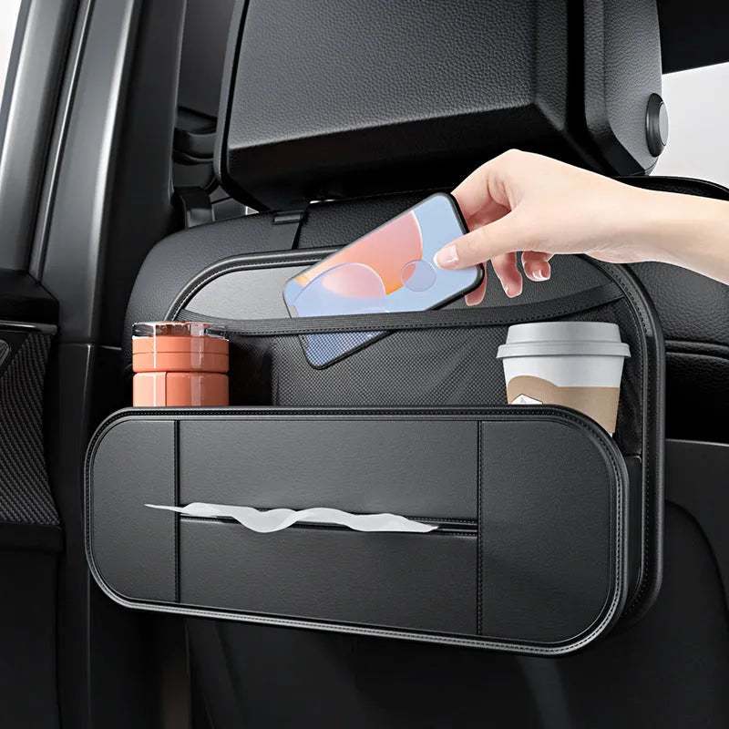 Black leather car seat rear storage bag with dimensions 36cm by 8cm by 24cm