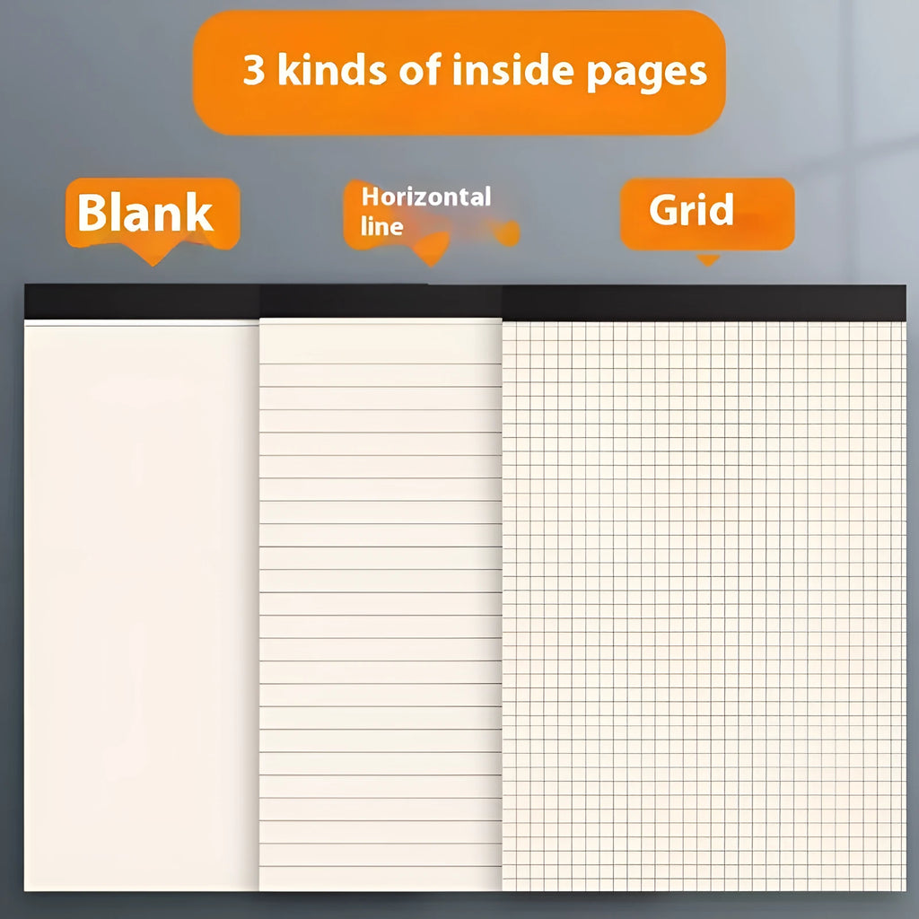 A5, B5, and A4 writing pads with paper covers, showing horizontal line, grid, and blank page ruling styles.