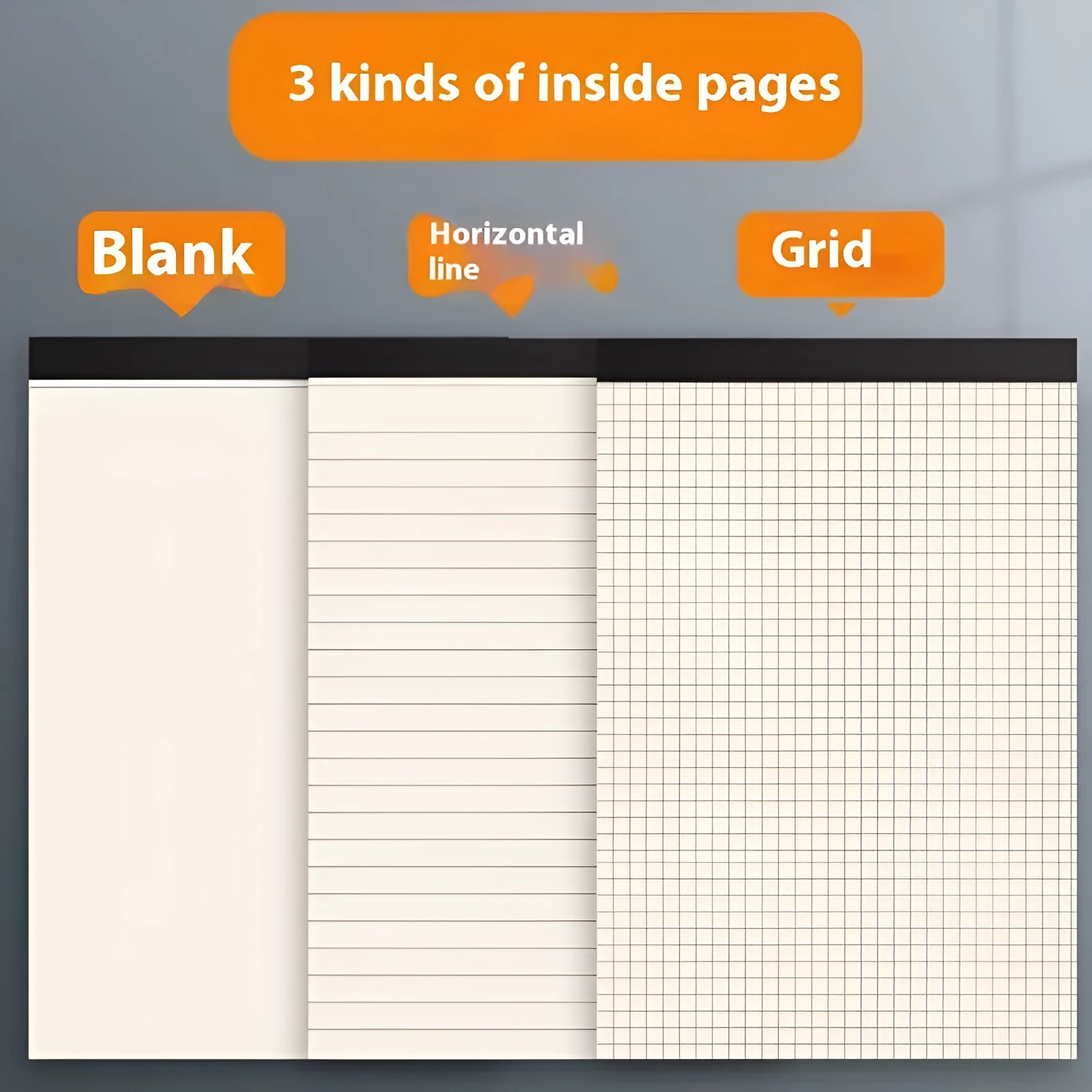 A5, B5, and A4 writing pads with paper covers, showing horizontal line, grid, and blank page ruling styles.