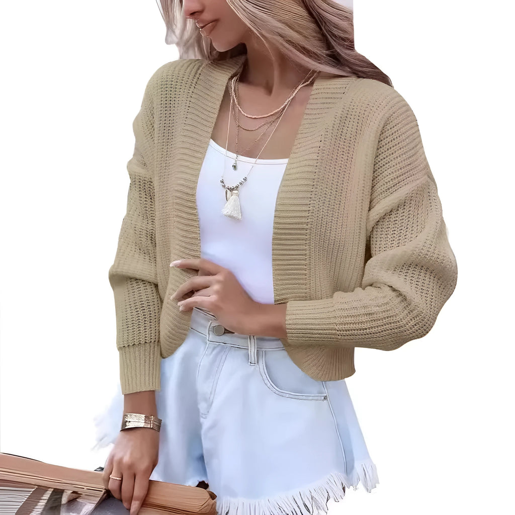 Women's short cape knitted cardigan sweater in camel solid colour with long sleeves and polyester fabric