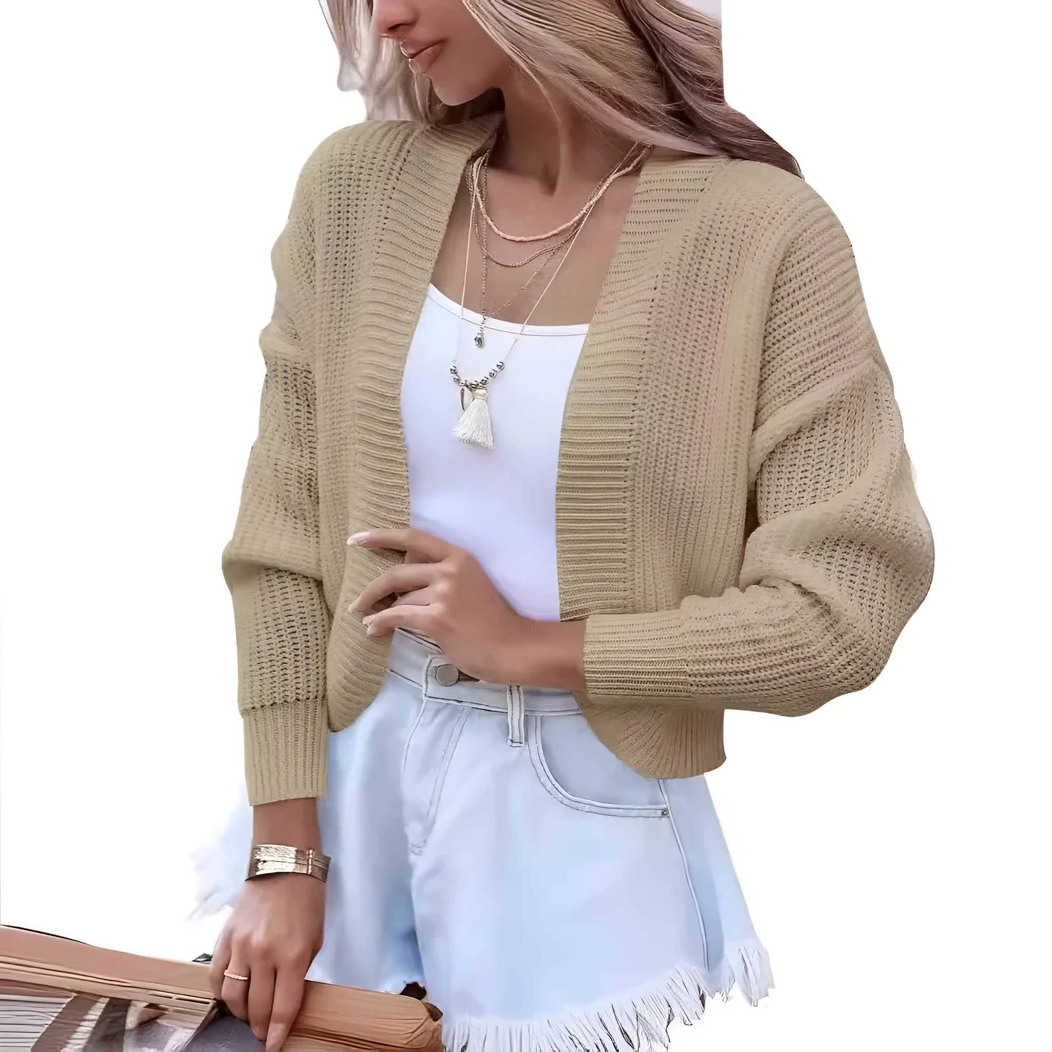 Women's short cape knitted cardigan sweater in camel solid colour with long sleeves and polyester fabric