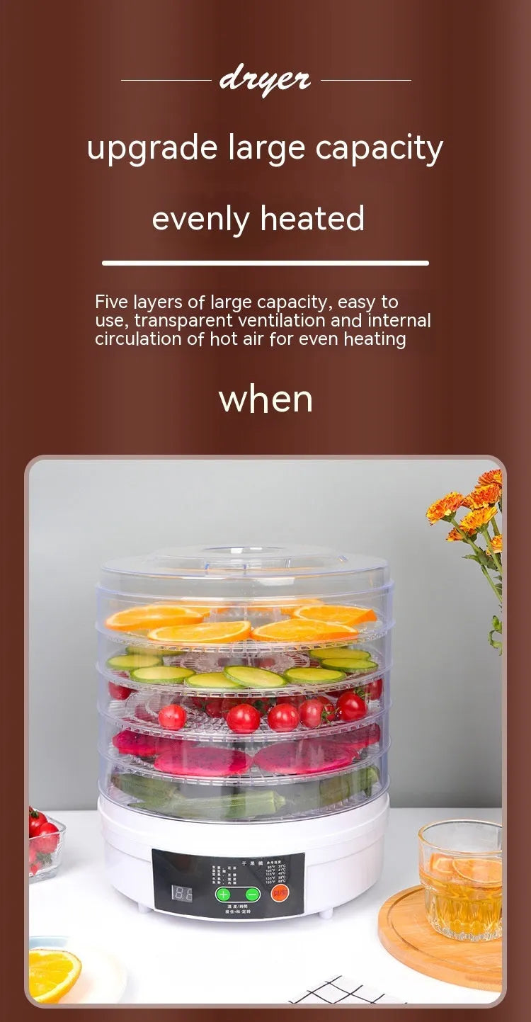 Five-tray household fruit dehydrator with removable shelves on kitchen counter